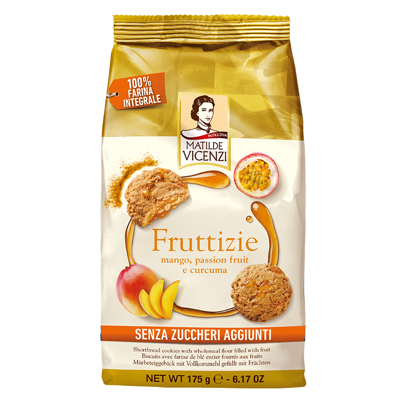 Fursecuri fara zahar, cu mango, fructul pasiunii si curcuma Fruttizie Vicenzi 175g Fursecuri fara zahar, cu mango, fructul pasiunii si curcuma Fruttizie Vicenzi 175g
