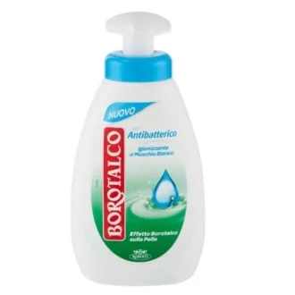 Sapun lichid Borotalco Antibacterian, un sapun italian igienizant cu miros mosc alb.