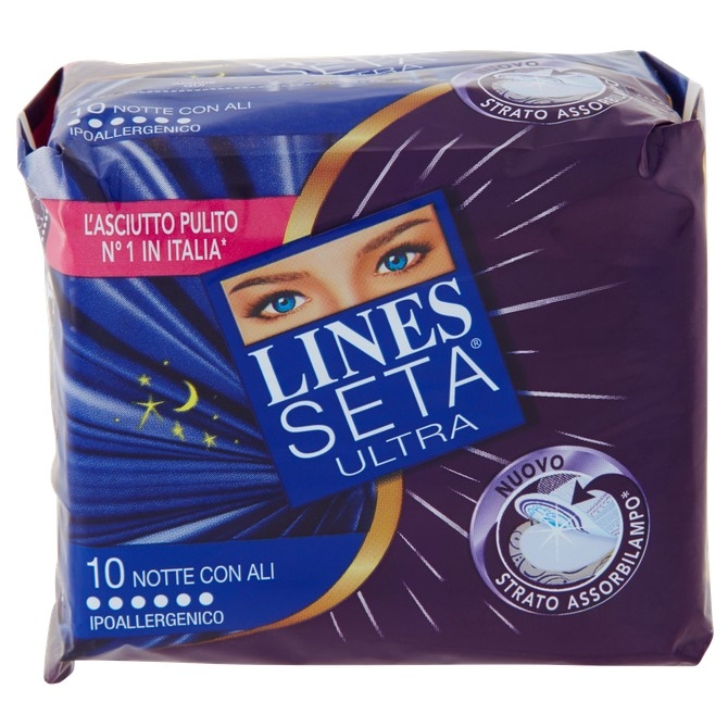 Absorbante Lines Seta Ultra cu aripioare, de noapte, hipoalergenice, 10 buc Absorbante Lines Seta Ultra cu aripioare, de noapte, hipoalergenice, 10 buc