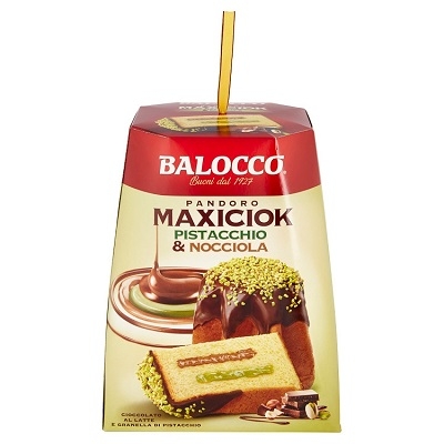 Cozonac italian Balocco Pandoro Maxiciok cu creme de fistic si alune de padure 800g