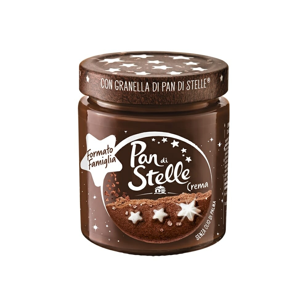 Crema tartinabila de ciocolata, alune si bucatele de biscuiti Pan di Stelle 480g Crema tartinabila de ciocolata, alune si bucatele de biscuiti Pan di Stelle 480g